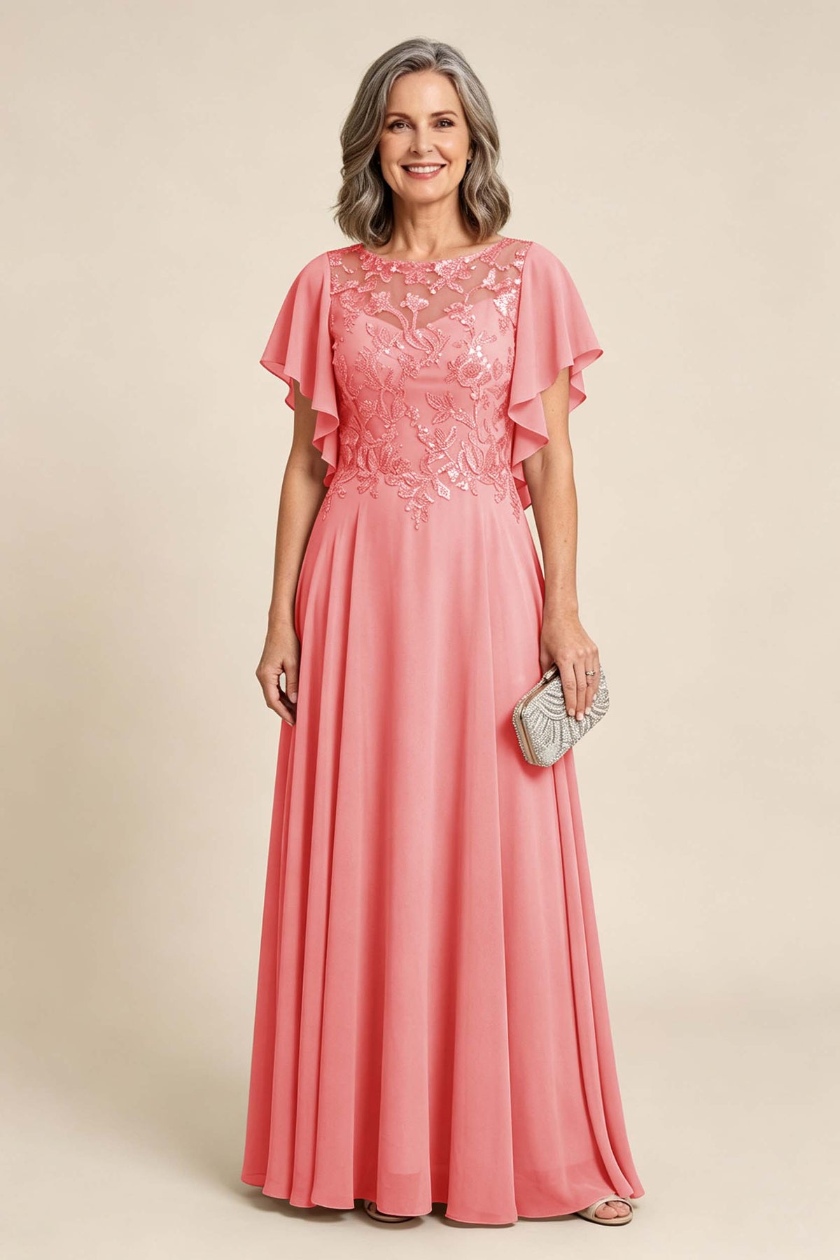 Lilac Scoop Neck Flutter Sleeve Lace Appliques Chiffon Mother Dresses