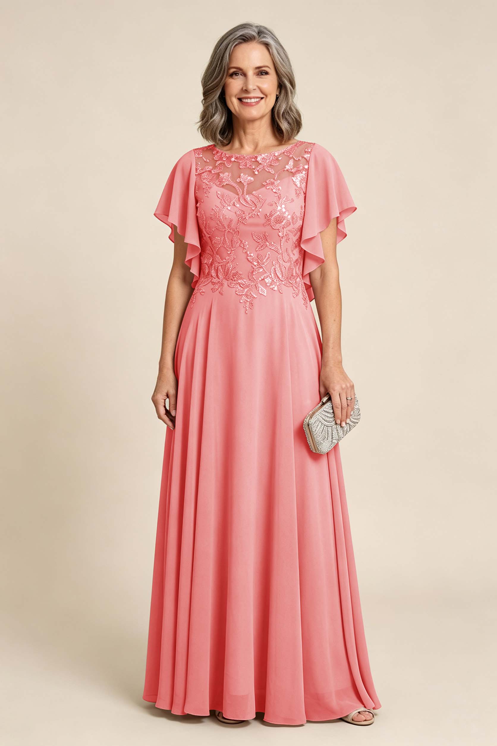 Lilac Scoop Neck Flutter Sleeve Lace Appliques Chiffon Mother Dresses