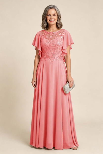 Lilac Scoop Neck Flutter Sleeve Lace Appliques Chiffon Mother Dresses