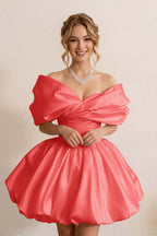 Ivory Off-the-Shoulder Bubble Hem Satin Homecoming Dresses