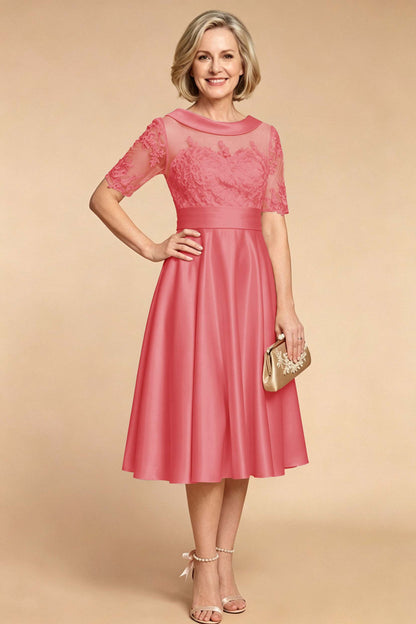 Champagne Imitation Stretch Satin Elbow Sleeve Tea-Length Mother Dresses