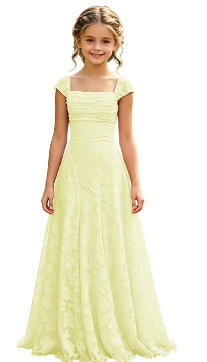 Elegance Blush Pink Lace Cap Sleeve A-Line Flower Girl Dress with Lace-Up Back