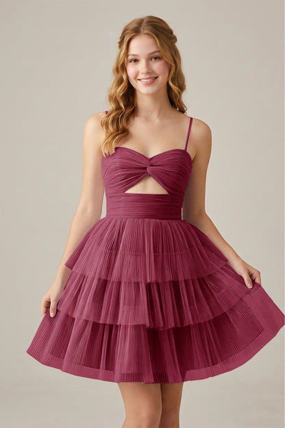 Olive Green Sleeveless Pleated Tulle Cutout Tiered Homecoming Dresses
