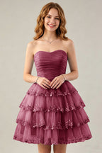 Strapless Light Blue Tulle Tiered Homecoming Dresses with Beaded Lace Trim