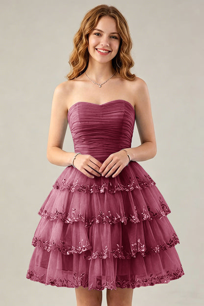 Strapless Light Blue Tulle Tiered Homecoming Dresses with Beaded Lace Trim