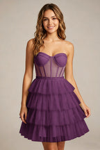Strapless Mint Green Tulle Tiered Homecoming Dresses With Illusion Corset