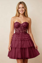 Strapless Misty Rose Lace Illusion Corset Glitter Tulle Homecoming Dresses