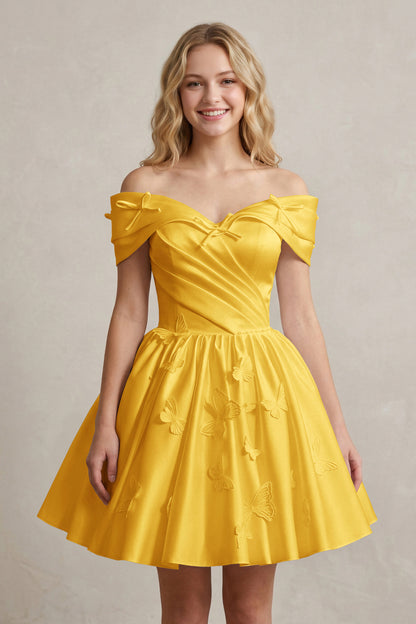 A Line Off Shoulder Ivory Satin Short Homecoming Dresses