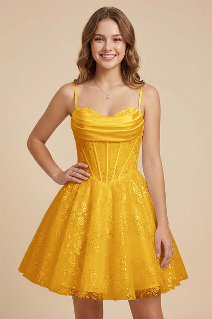 White Cowl Neck Sequin Satin Corset Homecoming Dresses