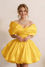 Ivory Off-the-Shoulder Bubble Hem Satin Homecoming Dresses