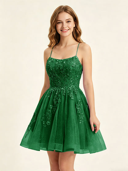A Line Sequins Lilac Tulle Homecoming Dresses with Appliques