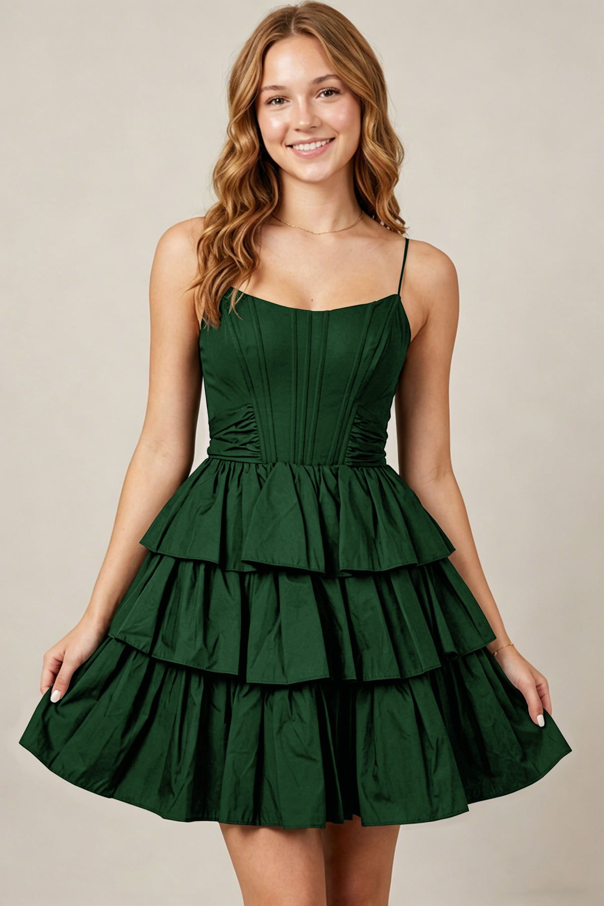 Spaghetti Straps Black Taffeta Tiered Mini Homecoming Dresses