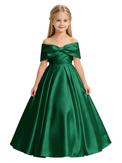 Off-the-Shoulder Satin Ball Gown Flower Girl Dress with Big Back Bow
