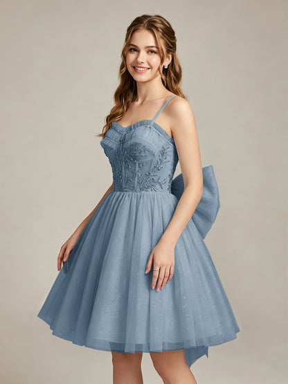 A-Line Light Cyan Sweetheart Tulle Homecoming Dresses with Lace Appliques