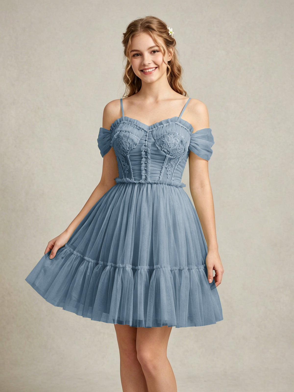 Cold Shoulder Lilac Tulle Dresses with Corset Bodice and Lace Appliques