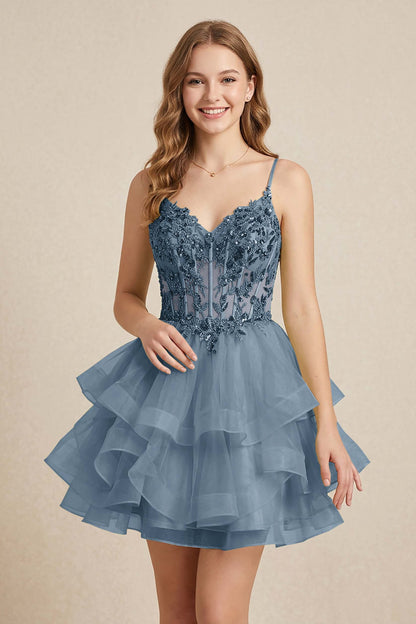 Mint Green Sequin Corset Tiered Tulle Mini Homecoming Dresses
