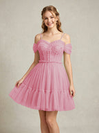 Cold Shoulder Lilac Tulle Dresses with Corset Bodice and Lace Appliques