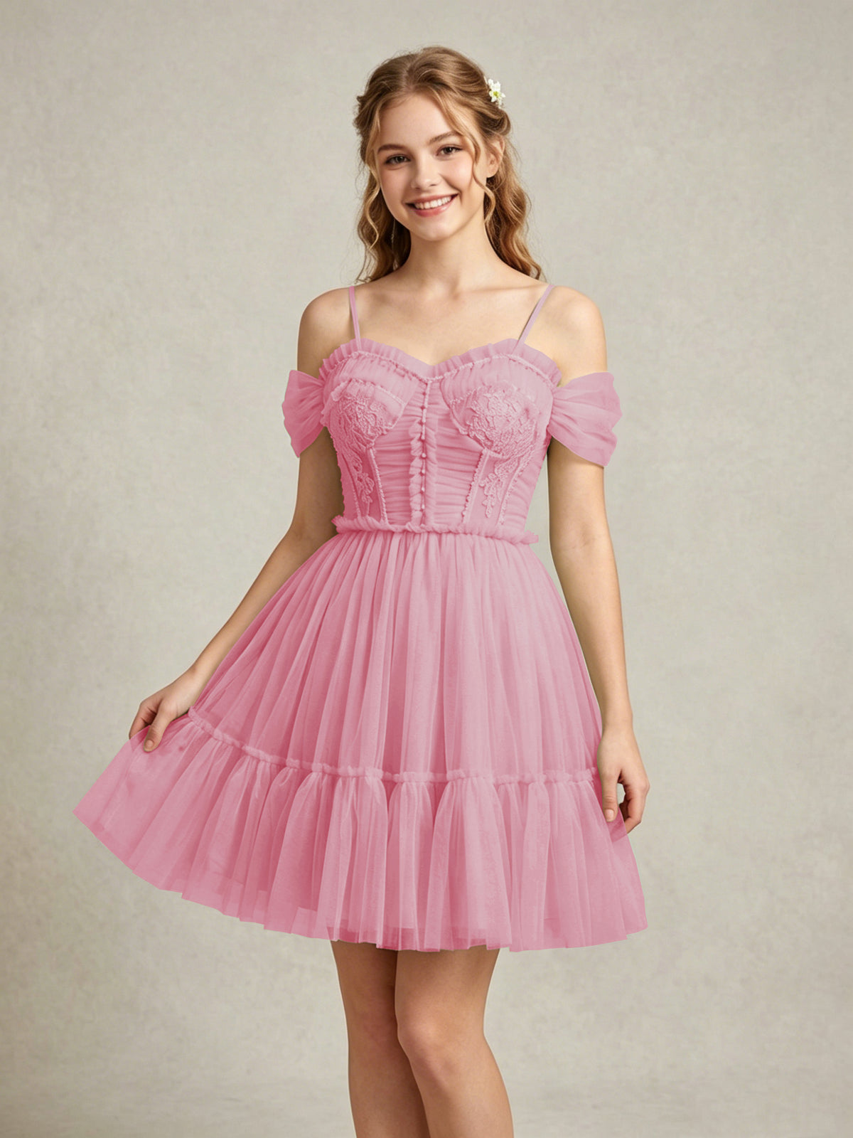 Cold Shoulder Lilac Tulle Dresses with Corset Bodice and Lace Appliques