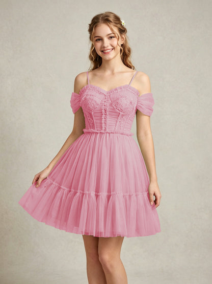 Cold Shoulder Lilac Tulle Dresses with Corset Bodice and Lace Appliques