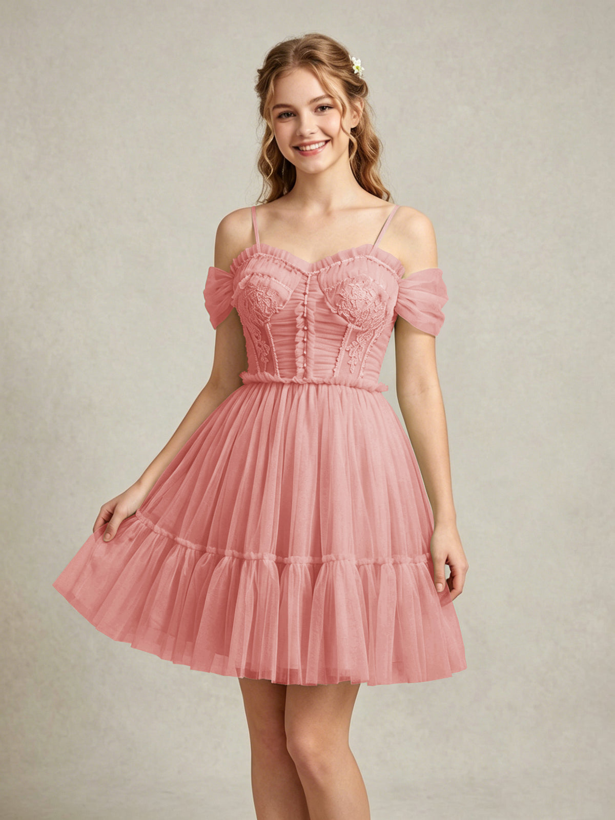 Cold Shoulder Lilac Tulle Dresses with Corset Bodice and Lace Appliques