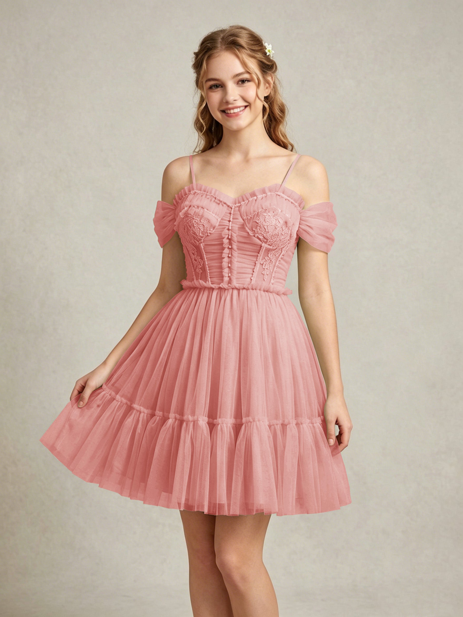 Cold Shoulder Lilac Tulle Dresses with Corset Bodice and Lace Appliques