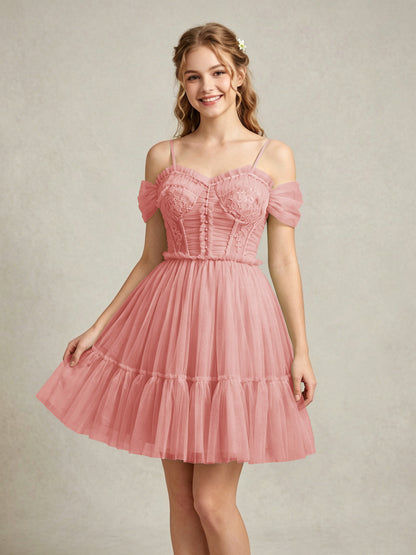 Cold Shoulder Lilac Tulle Dresses with Corset Bodice and Lace Appliques