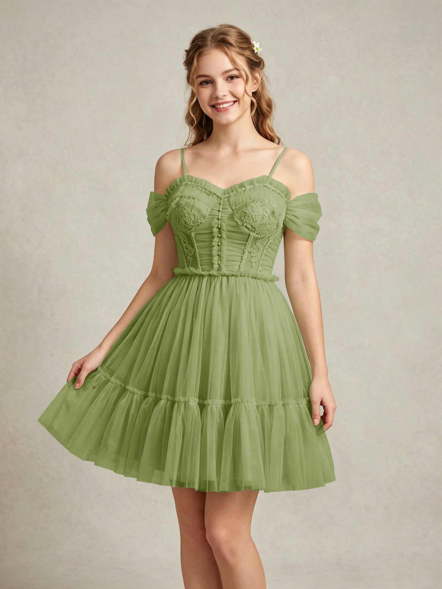 Cold Shoulder Lilac Tulle Dresses with Corset Bodice and Lace Appliques