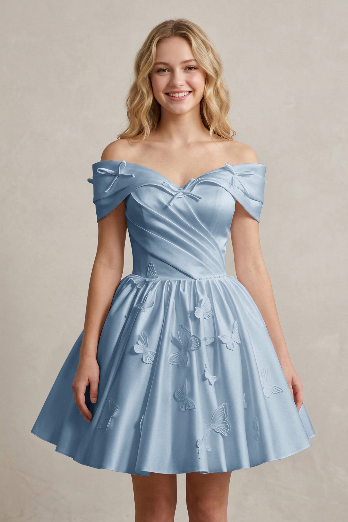 A Line Off Shoulder Ivory Satin Short Homecoming Dresses