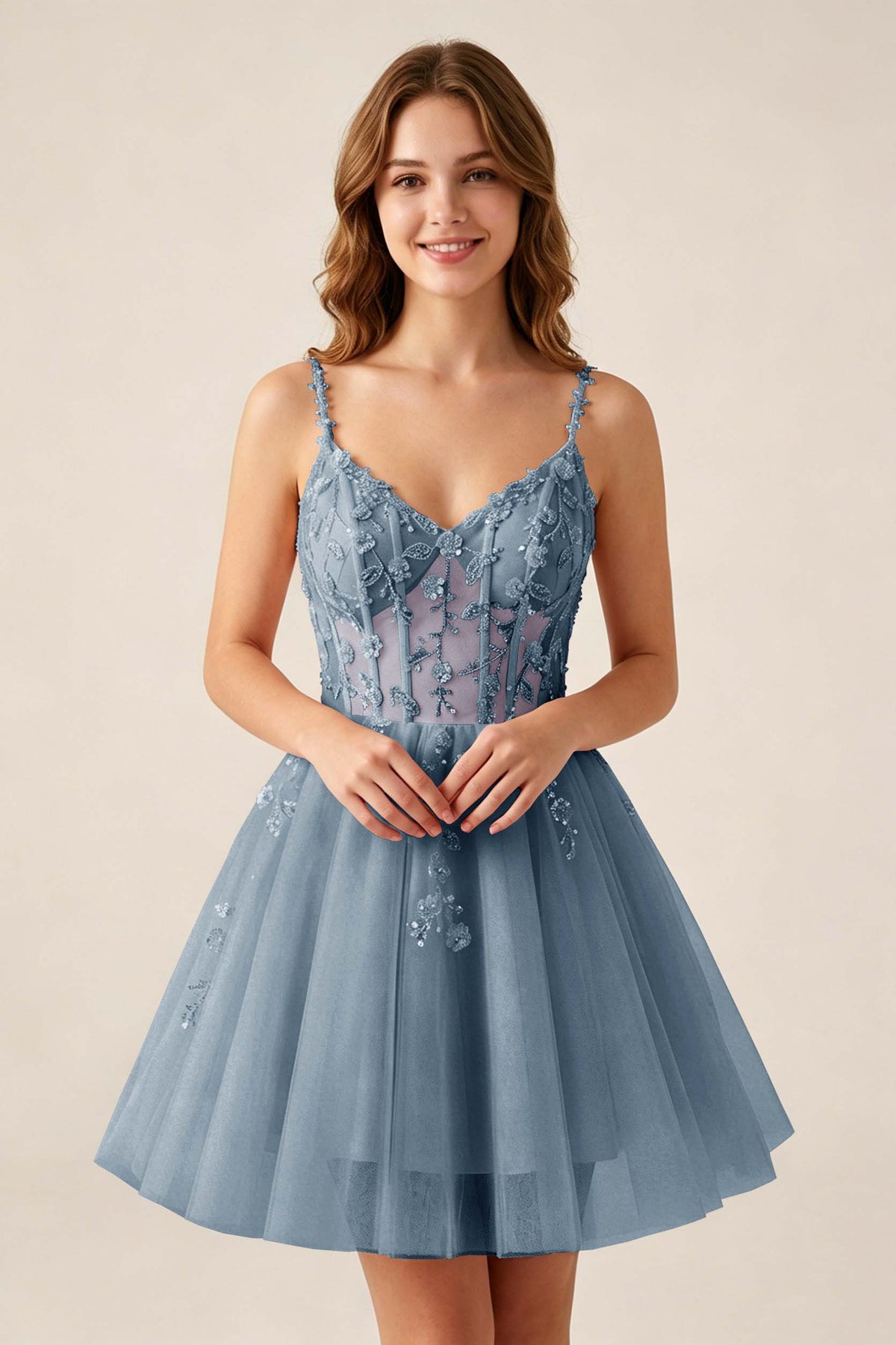 Blush Pink Sequin Corset Sleeveless Short Tulle Homecoming Dresses