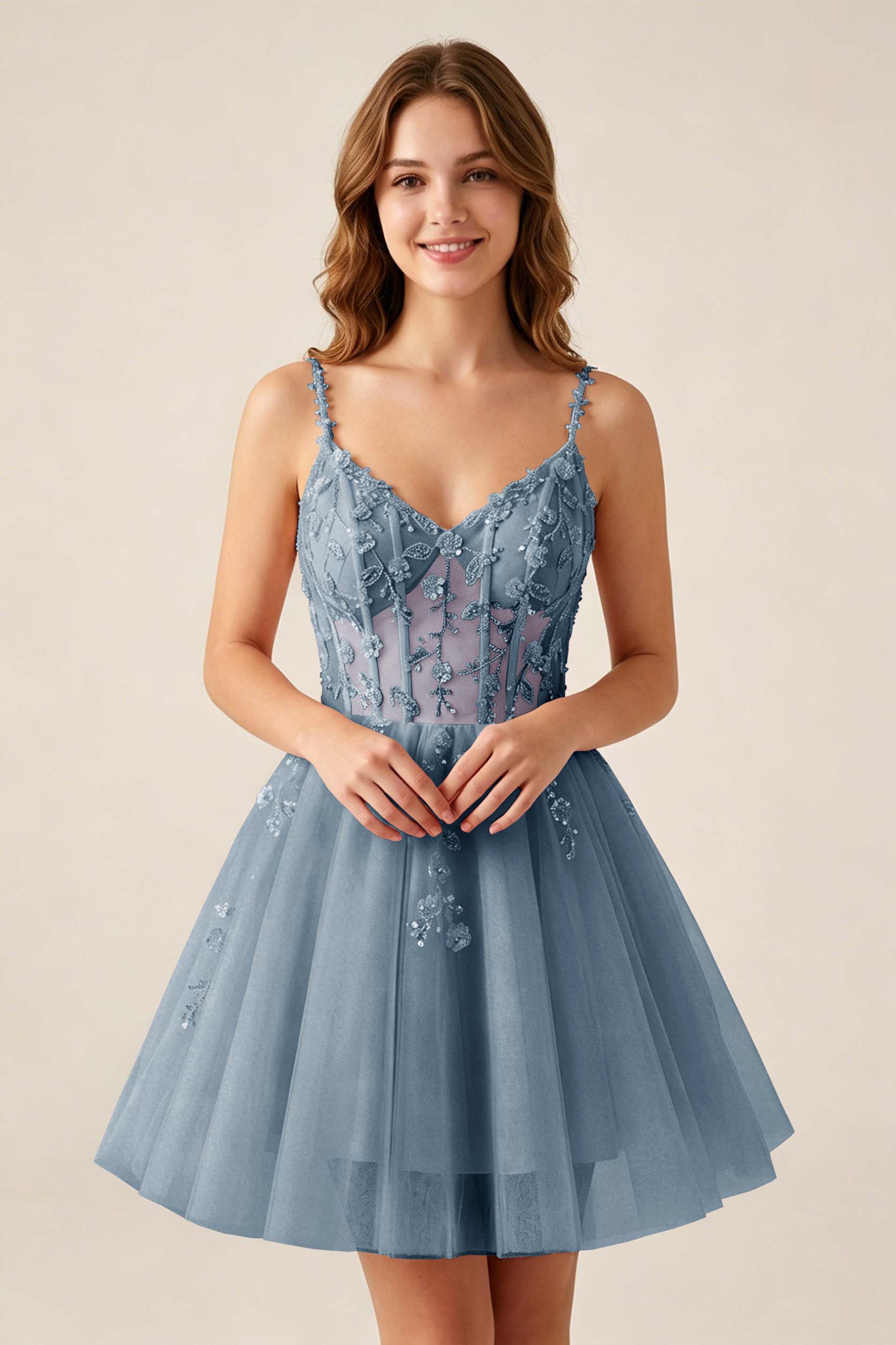 Blush Pink Sequin Corset Sleeveless Short Tulle Homecoming Dresses