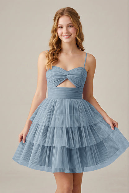 Olive Green Sleeveless Pleated Tulle Cutout Tiered Homecoming Dresses