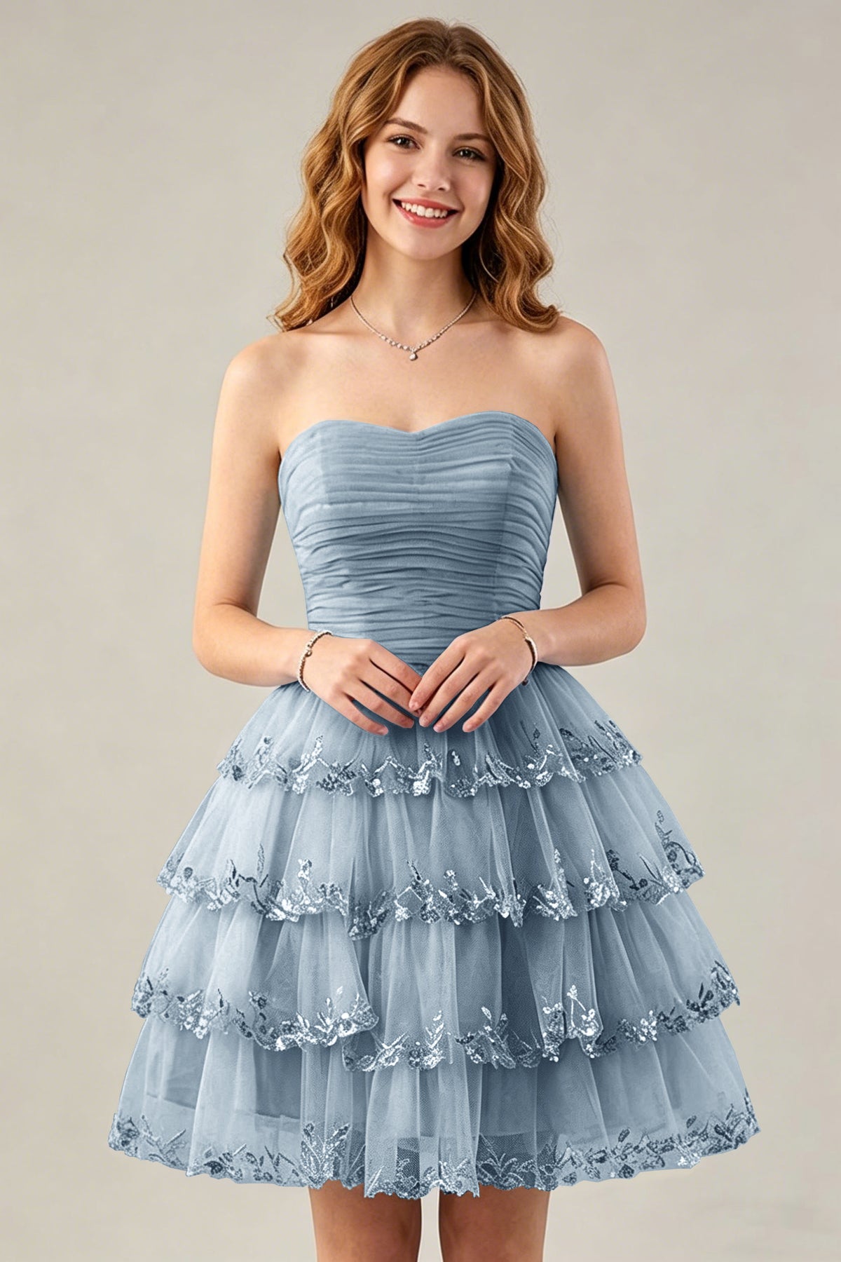 Strapless Light Blue Tulle Tiered Homecoming Dresses with Beaded Lace Trim