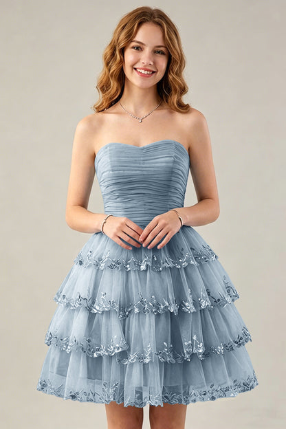 Strapless Light Blue Tulle Tiered Homecoming Dresses with Beaded Lace Trim