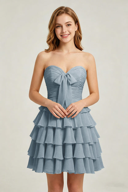 Strapless Yellow Chiffon Tiered Short Homecoming Dresses with Bow