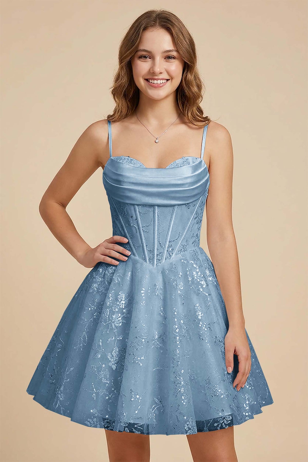White Cowl Neck Sequin Satin Corset Homecoming Dresses