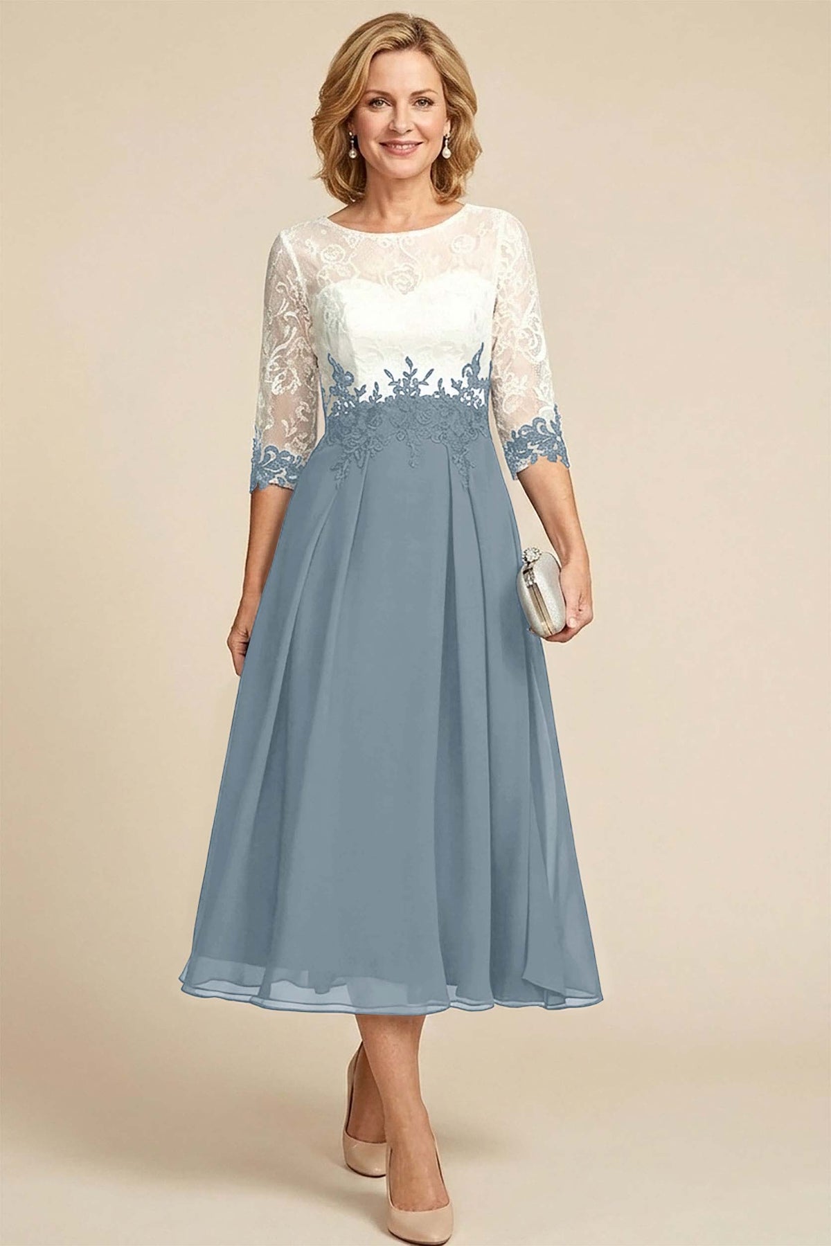 Navy Blue 3/4 Sleeve Two-Tone Lace Chiffon Mother Dresses