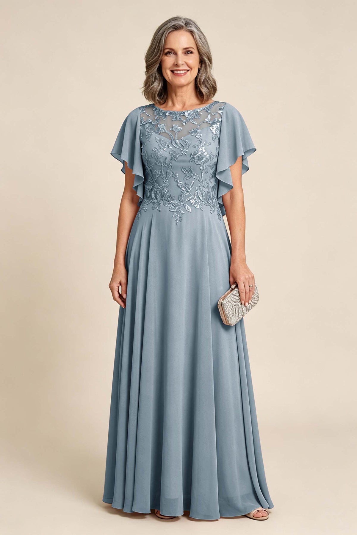 Lilac Scoop Neck Flutter Sleeve Lace Appliques Chiffon Mother Dresses