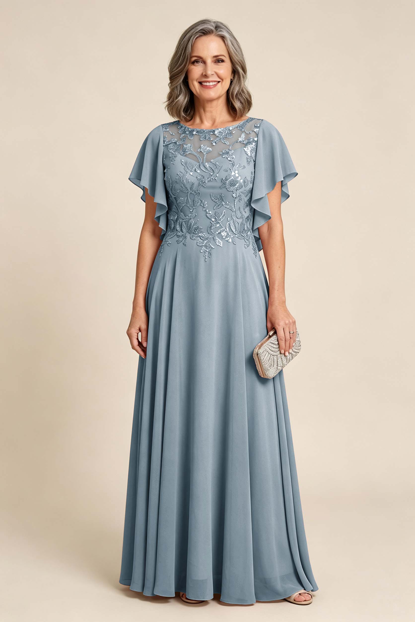 Lilac Scoop Neck Flutter Sleeve Lace Appliques Chiffon Mother Dresses