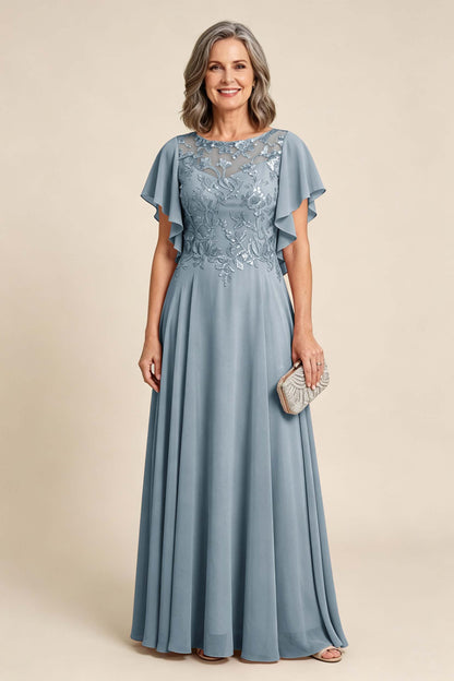 Lilac Scoop Neck Flutter Sleeve Lace Appliques Chiffon Mother Dresses