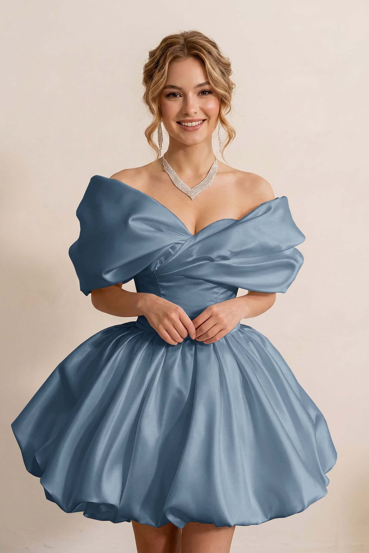 Ivory Off-the-Shoulder Bubble Hem Satin Homecoming Dresses