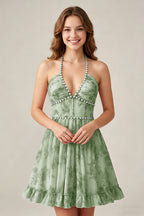 Crystal Halter Neck Blush Pink Floral Chiffon Mini Homecoming Dresses