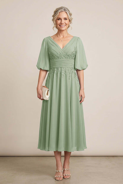 Dusty Blue V-Neck Lace Chiffon Tea-Length Mother Dresses