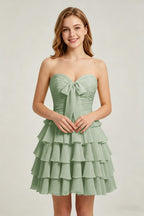 Strapless Yellow Chiffon Tiered Short Homecoming Dresses with Bow