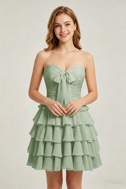 Strapless Yellow Chiffon Tiered Short Homecoming Dresses with Bow