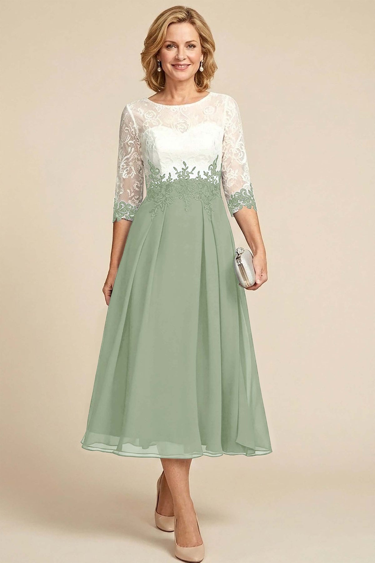 Navy Blue 3/4 Sleeve Two-Tone Lace Chiffon Mother Dresses