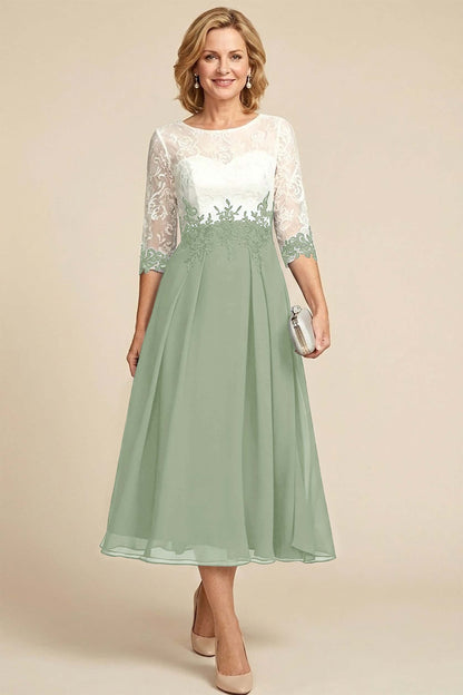 Navy Blue 3/4 Sleeve Two-Tone Lace Chiffon Mother Dresses