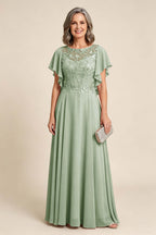 Lilac Scoop Neck Flutter Sleeve Lace Appliques Chiffon Mother Dresses