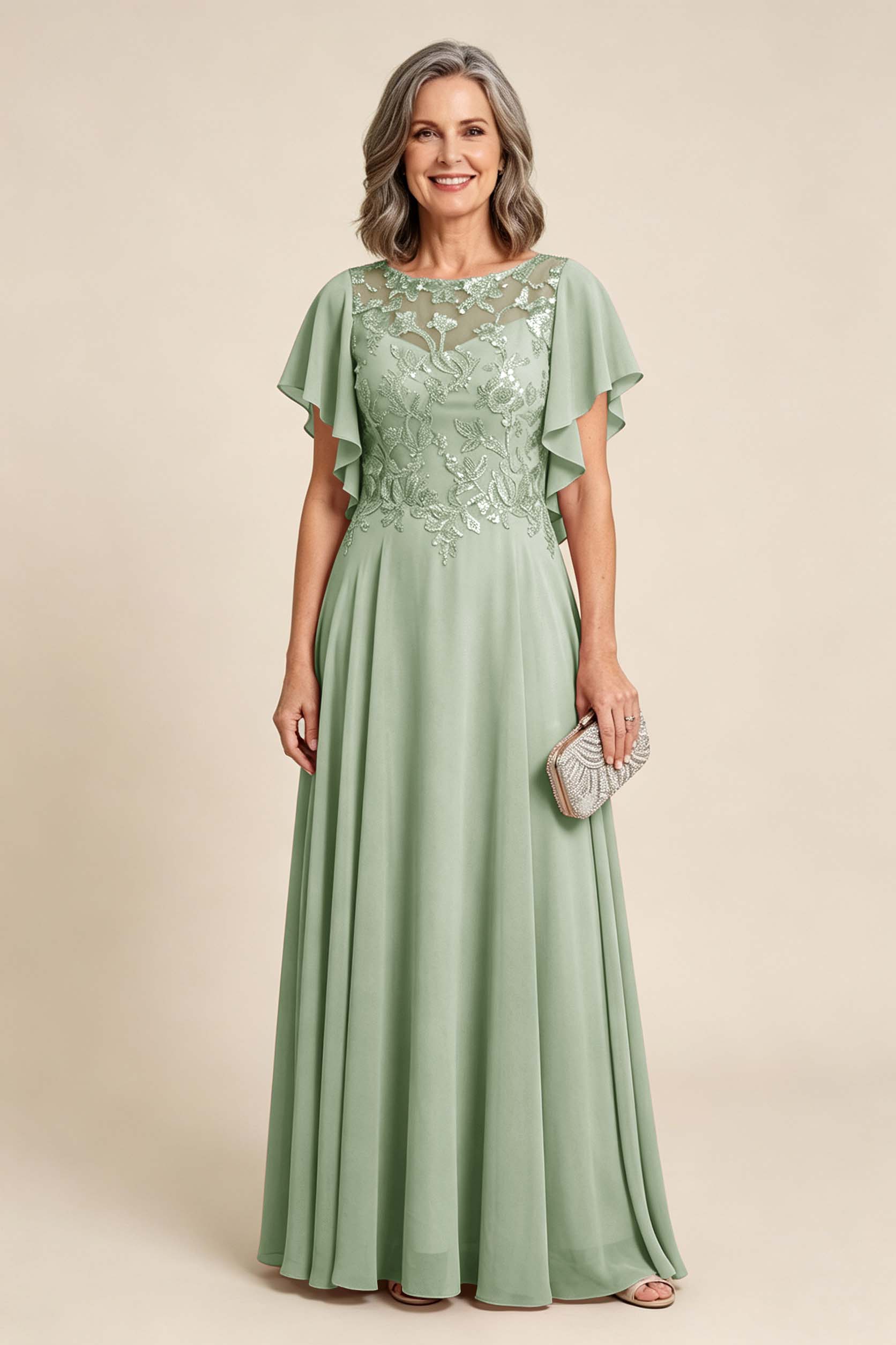 Lilac Scoop Neck Flutter Sleeve Lace Appliques Chiffon Mother Dresses
