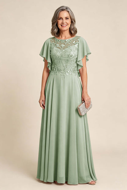 Lilac Scoop Neck Flutter Sleeve Lace Appliques Chiffon Mother Dresses