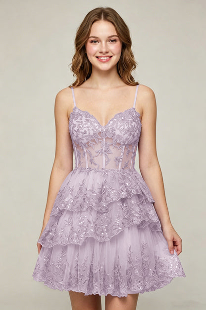Lavender Sequin Layered Tiered Short Tulle Homecoming Dresses